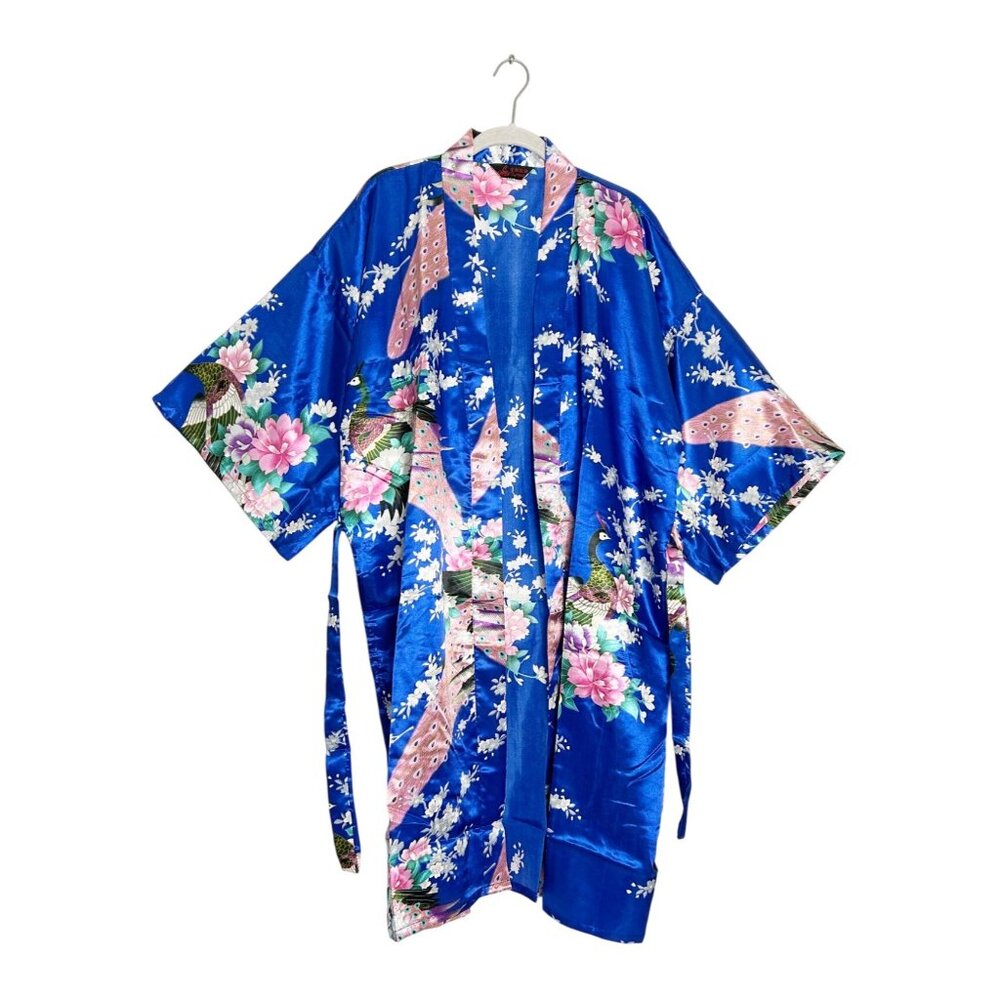 Dynasty (皇朝服飾) Multicolor Peacock Soft Satin Kimono Robe in Blue - Sz XXL
